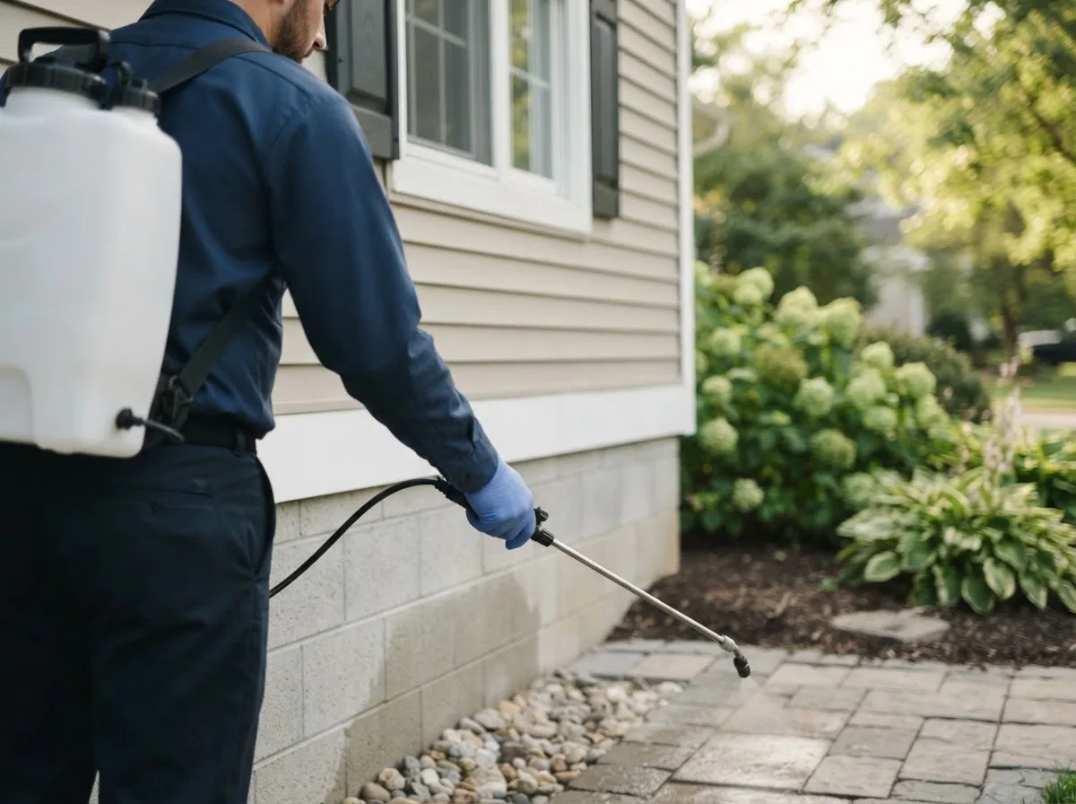 Pest control technician inspecting a home in Springfield, NH